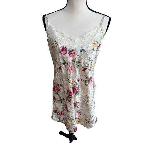 Vintage 90s Women's Floral Satin Slip Nightgown White Lace Trim Size Medium - Picture 2 of 7